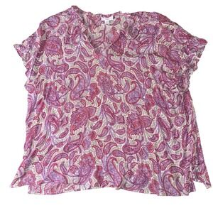 J. Jill Paisley Blouse 2X Pink Purple Short Sleeve Split Neck Rayon Top